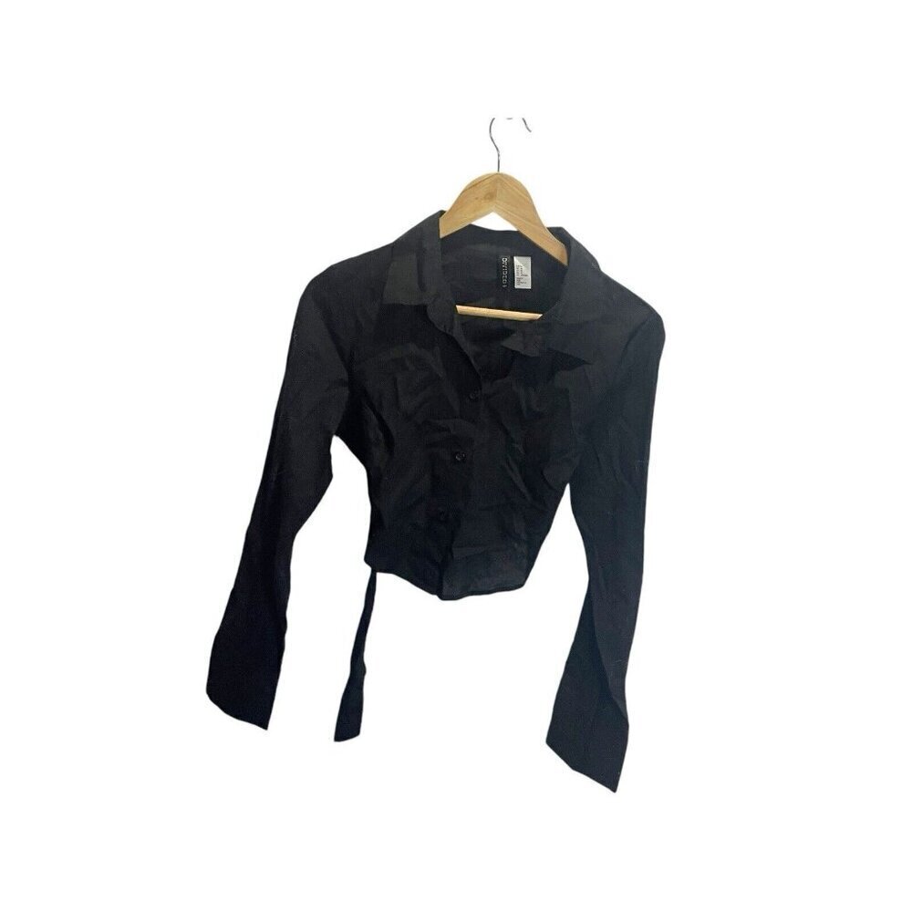 H&M Button Up Blouse M Black Cropped Open Belted. Back Lightweight Long Sleeve‎ - Picture 2 of 5